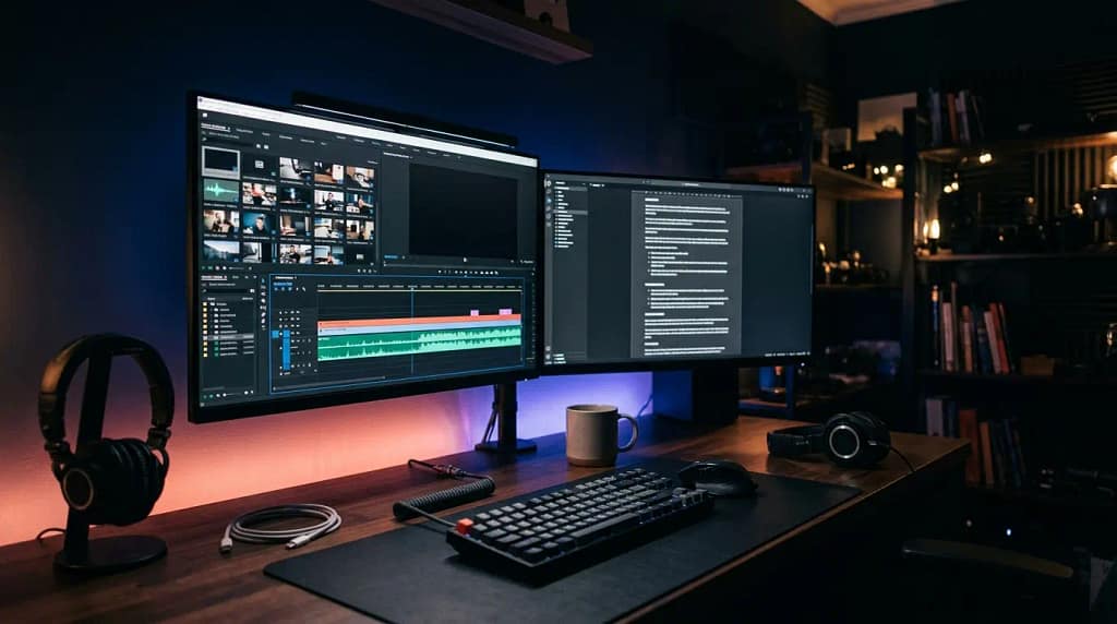 How To Keep Youtube Channels Monetized When Ai Writes Your Scripts - Vidclever Dark dual-monitor editing workspace with a script open beside a video timeline, representing the production discipline behind how to keep youtube channels monetized