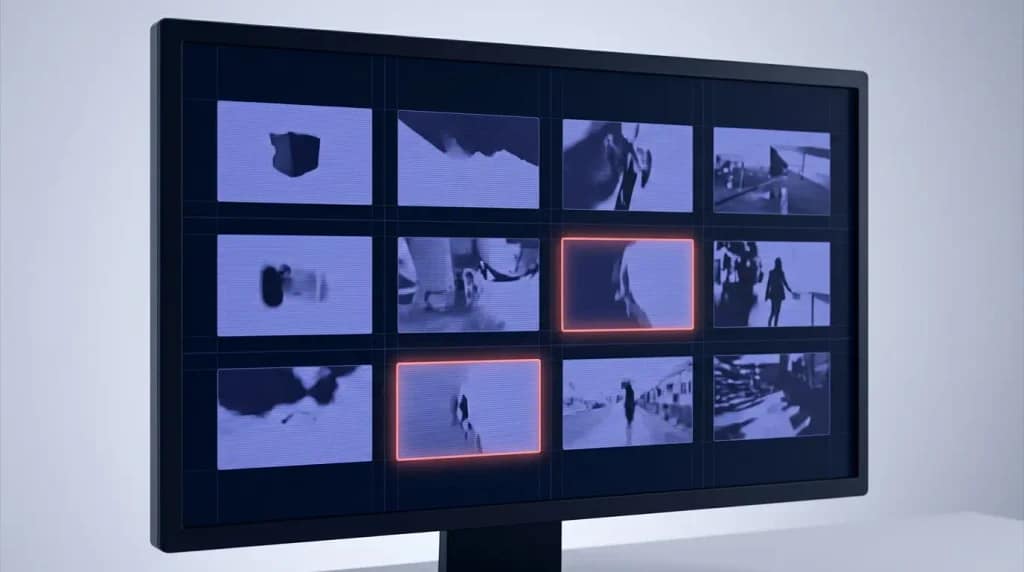 How To Keep Youtube Channels Monetized When Ai Writes Your Scripts - Vidclever Grid of video thumbnails on a dark screen with a few frames highlighted in coral, representing a 10-video audit for repetition patterns