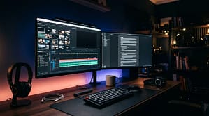 Dark dual-monitor editing workspace with a script open beside a video timeline, representing the production discipline behind how to keep youtube channels monetized